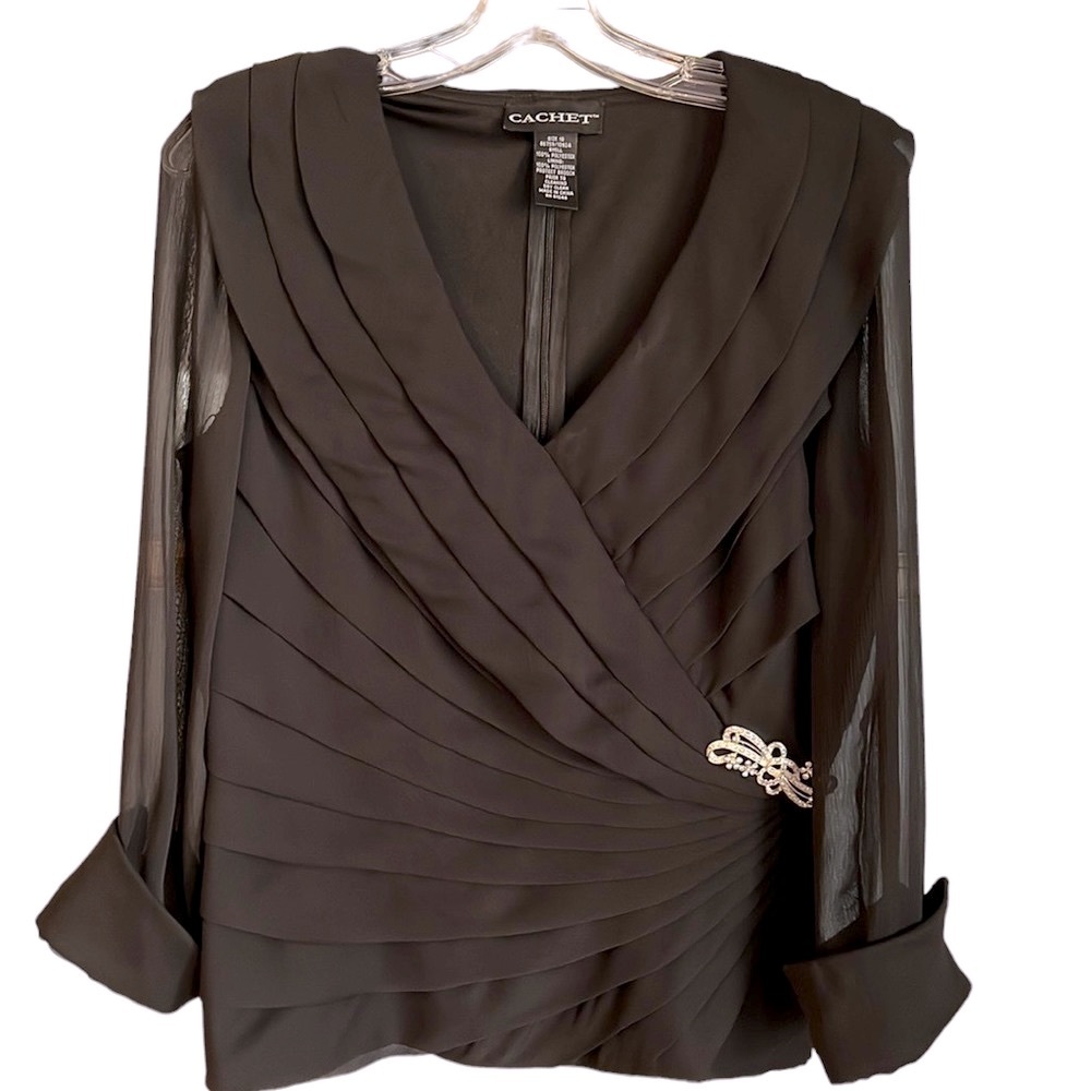 Cachet Zip Back with Sheer Sleeves & Jewell Embellishment Blouse Black Size 10
